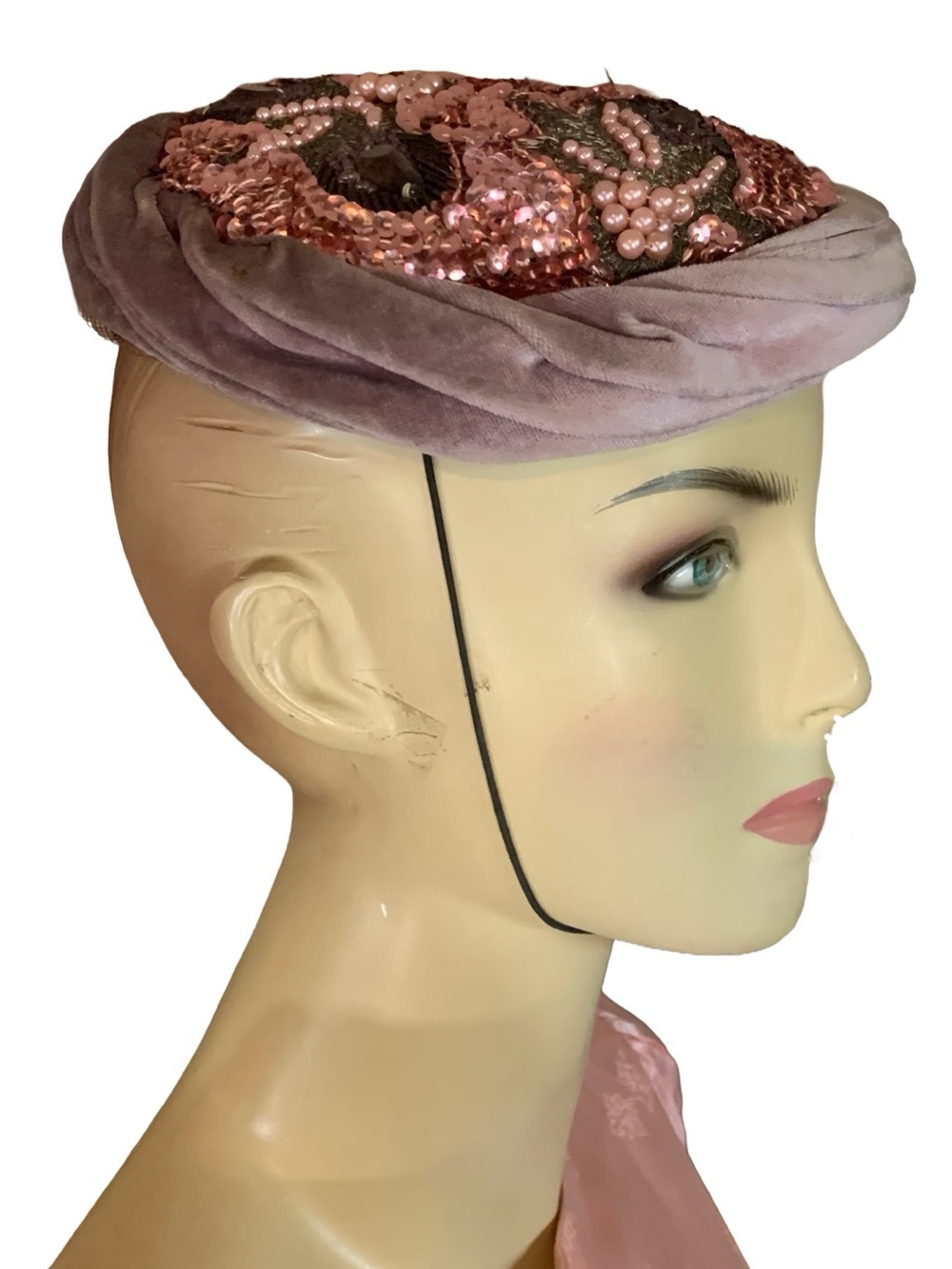 VINTAGE 1950'S CHANDA PINK MAUVE BEADED VELVET JULIET CAP